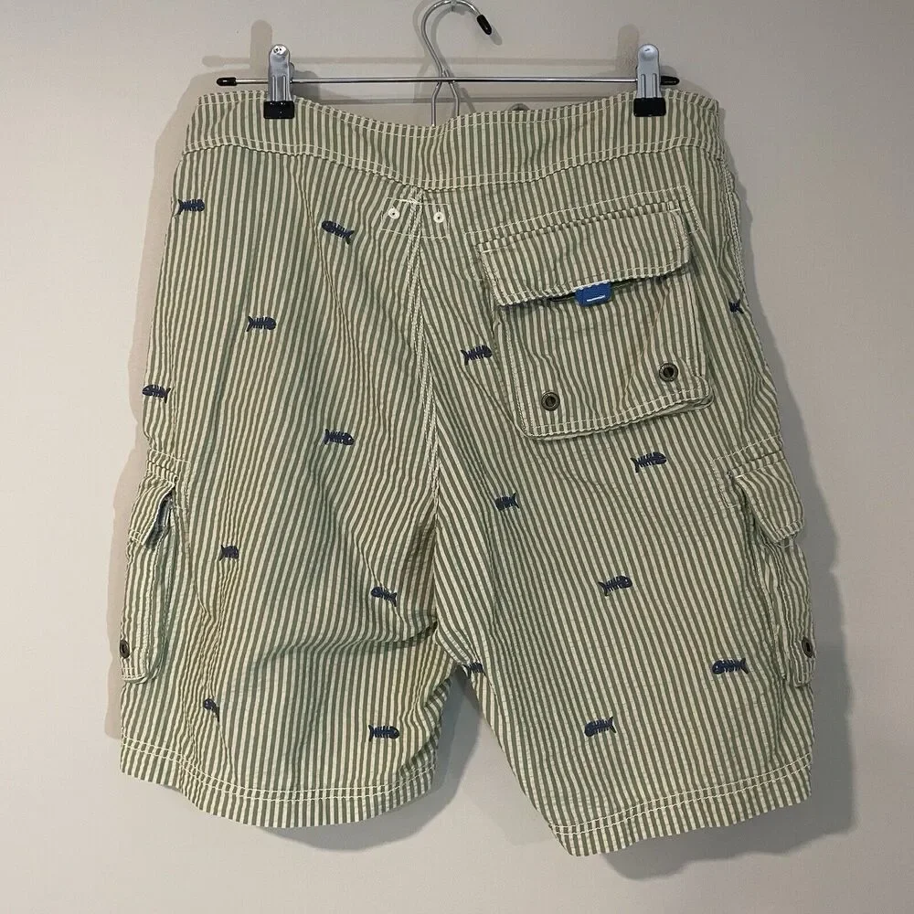 J Crew Swim Shorts Sz 32 Green Striped Seersucker Fish Embroidered Trunks